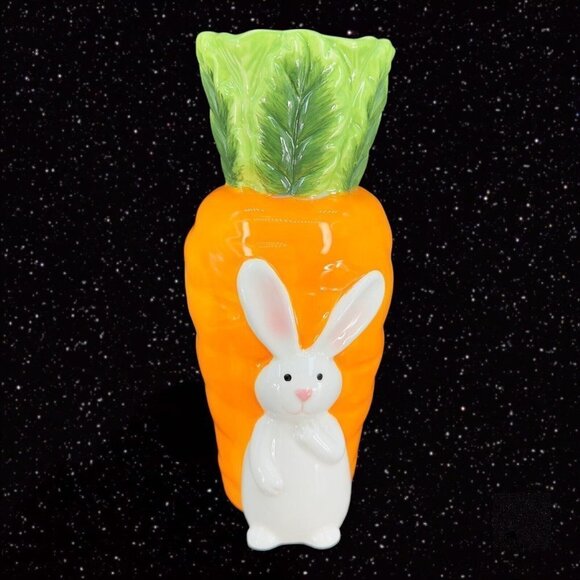 Ceramic Porcelain Bunny And Carrot Tall Vase 3D Figural Whimsical Vase 9"Tall - Picture 10 of 10